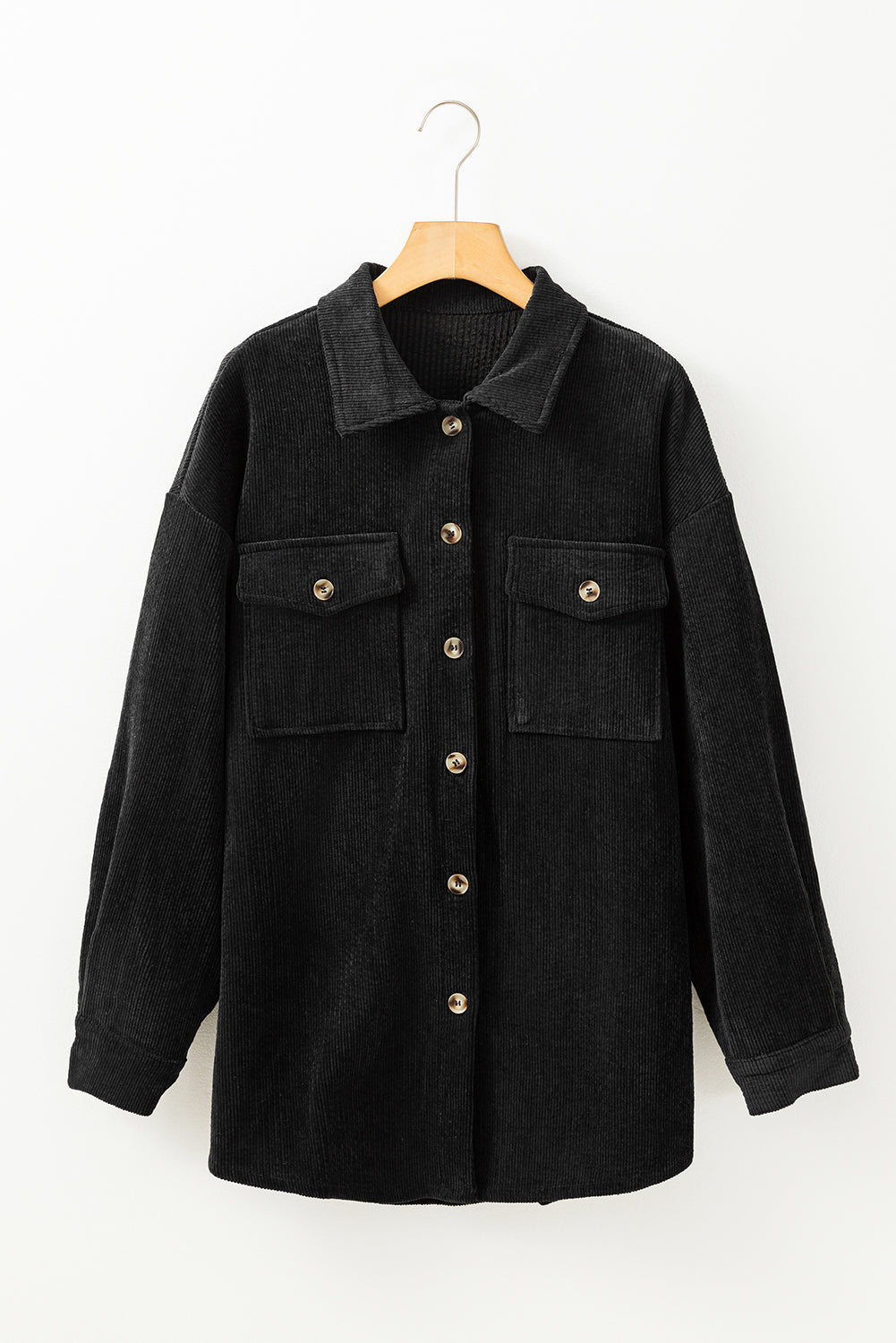 Solid Corduroy Button-Up Pocketed Shacket