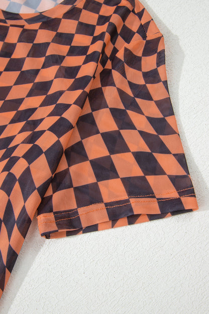Checker Mesh Mock Neck Short Sleeve T-Shirt