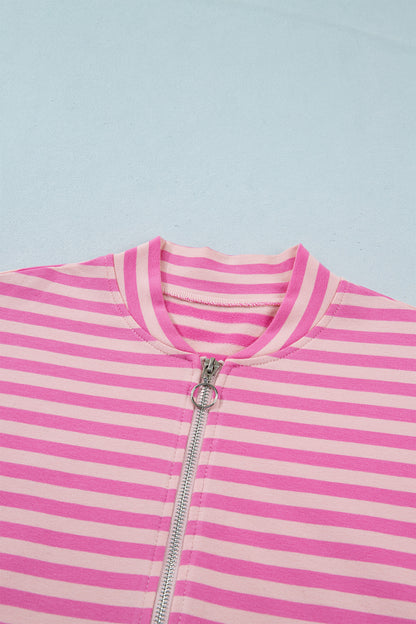 Stripe Puff Sleeve Zip-Up Sweatshirt Jacket