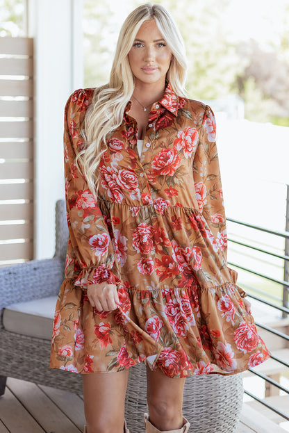 Floral Half-Button Long Sleeve Ruffle Mini Dress