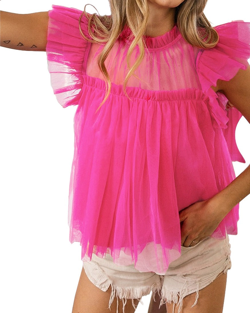 Tulle Ruffle Sleeve Babydoll Blouse