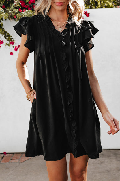 Ruffle Short Sleeve Buttoned Dress