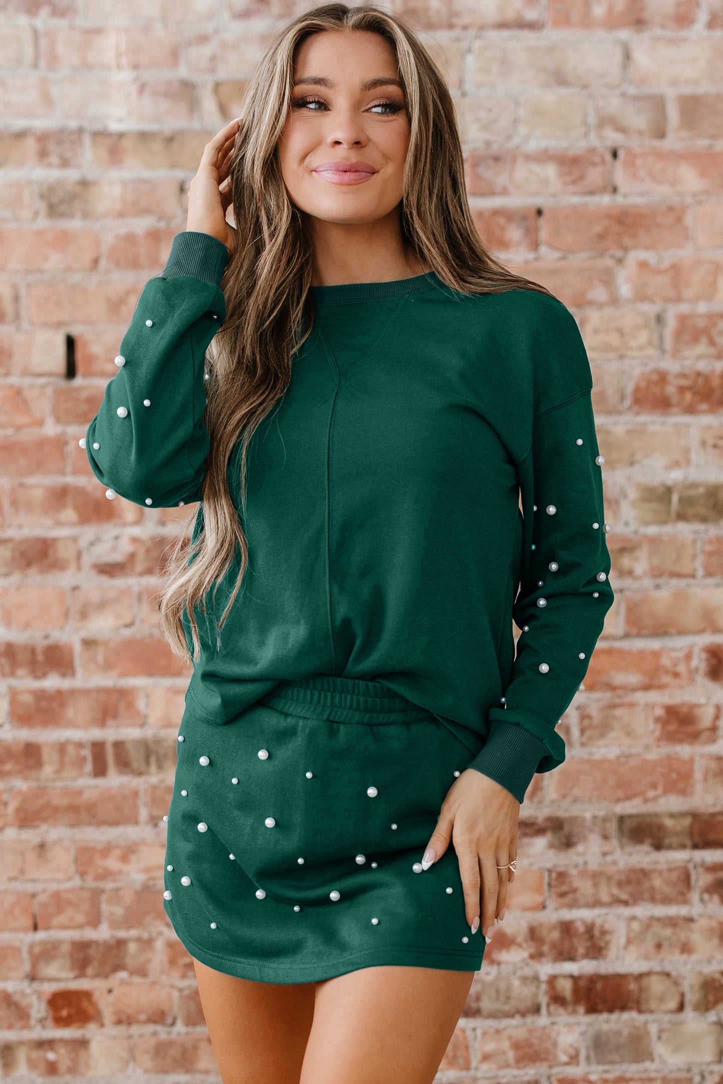 Pearl Embellished Pullover and Mini Skirt Set