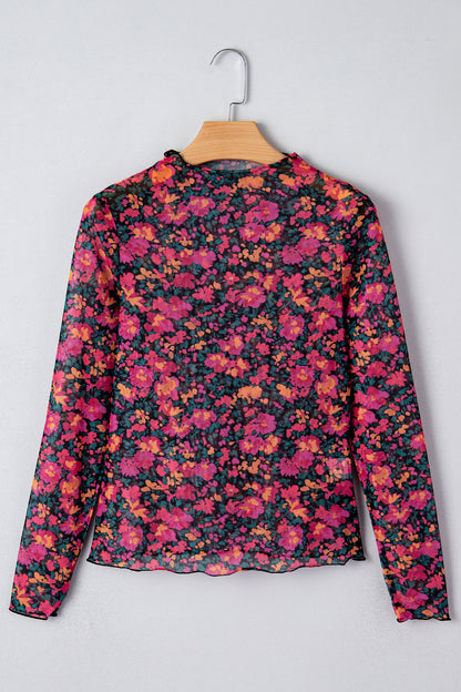 Floral Mesh Long Sleeve Mock Neck Top