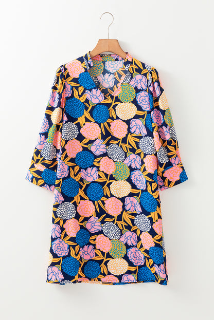 Floral V-Neck 3/4 Puff Sleeve Dress