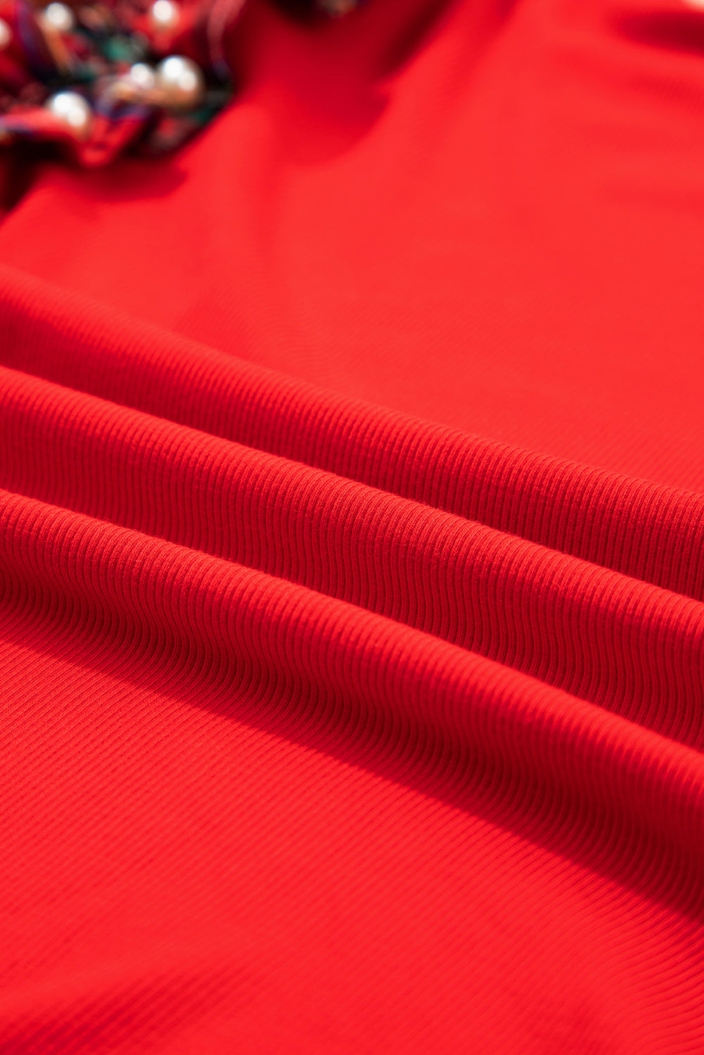 Plaid Patchwork Pearl Ruffle Sleeve T-Shirt