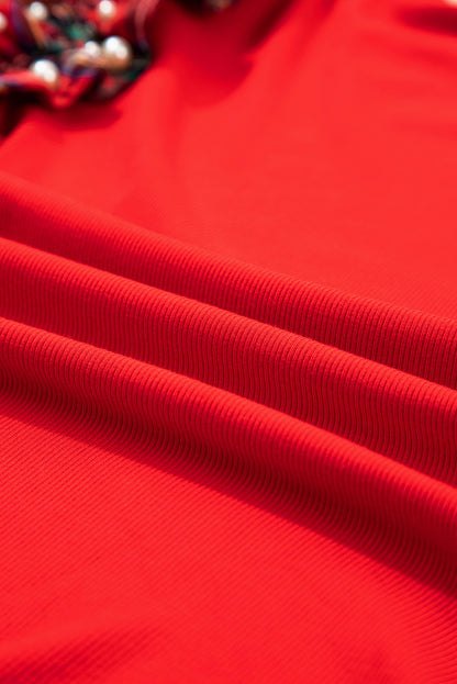 Plaid Patchwork Pearl Ruffle Sleeve T-Shirt