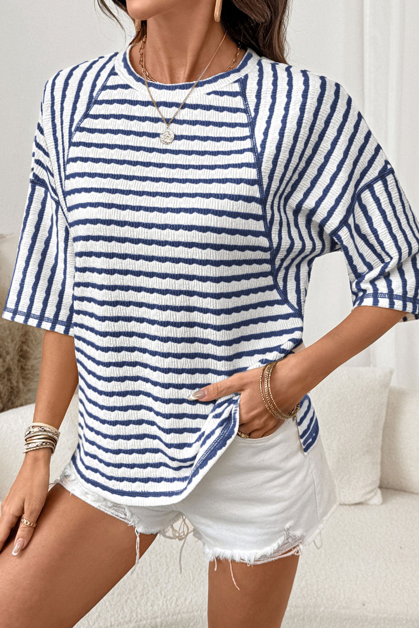 Stripe Textured Knit 3/4 Sleeve Top