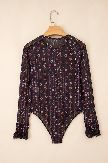 Floral Smock Cuff Mesh Slim Fit Bodysuit