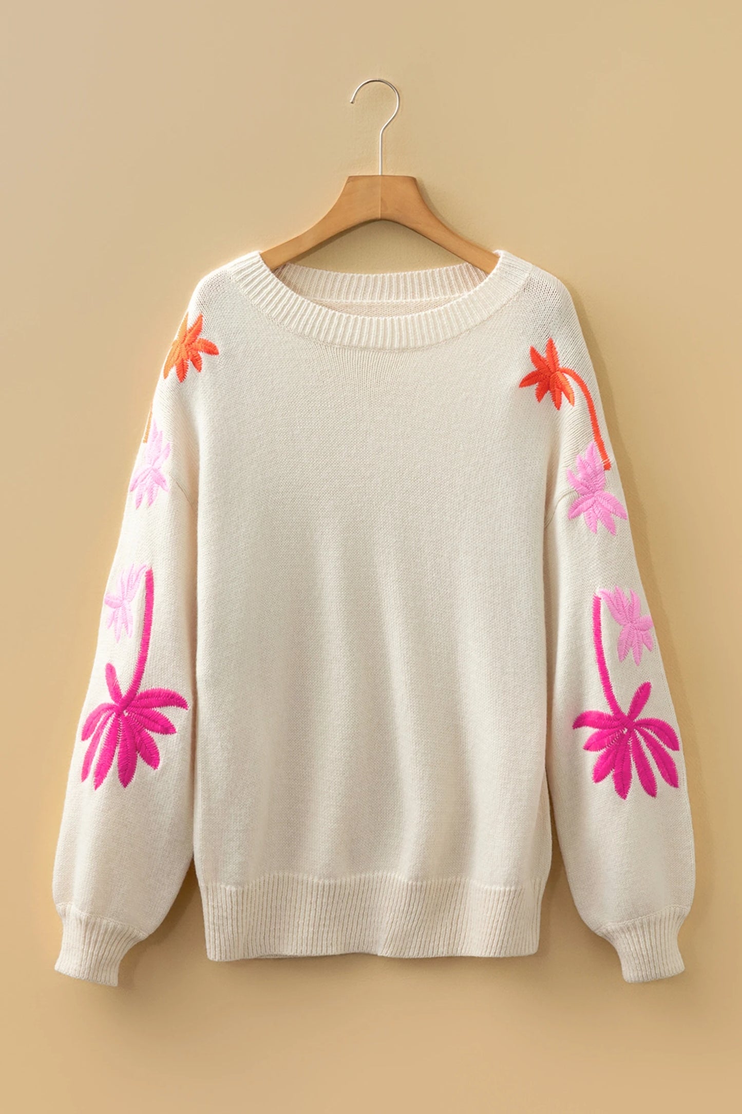 Floral Embroidered Sleeve Round Neck Loose Sweater