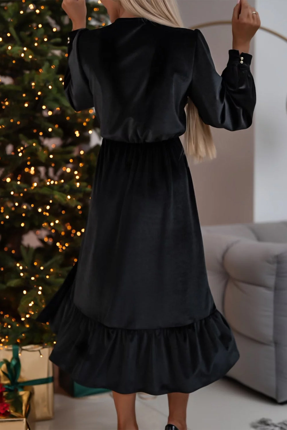 Velvet Puff Sleeve Midi Dress