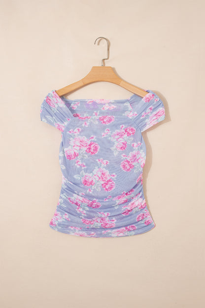 Floral Mesh Square Neck Cap Sleeve Ruched Top