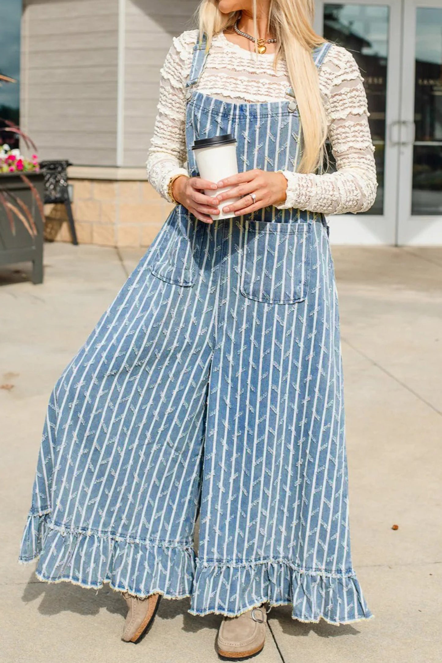 Stripe Distressed Denim Ruffle Wide Leg Overalls