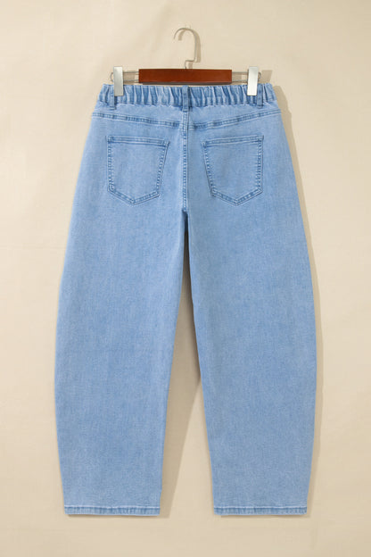 Solid Denim Square Patch Pocket Ankle Length Barrel Jeans