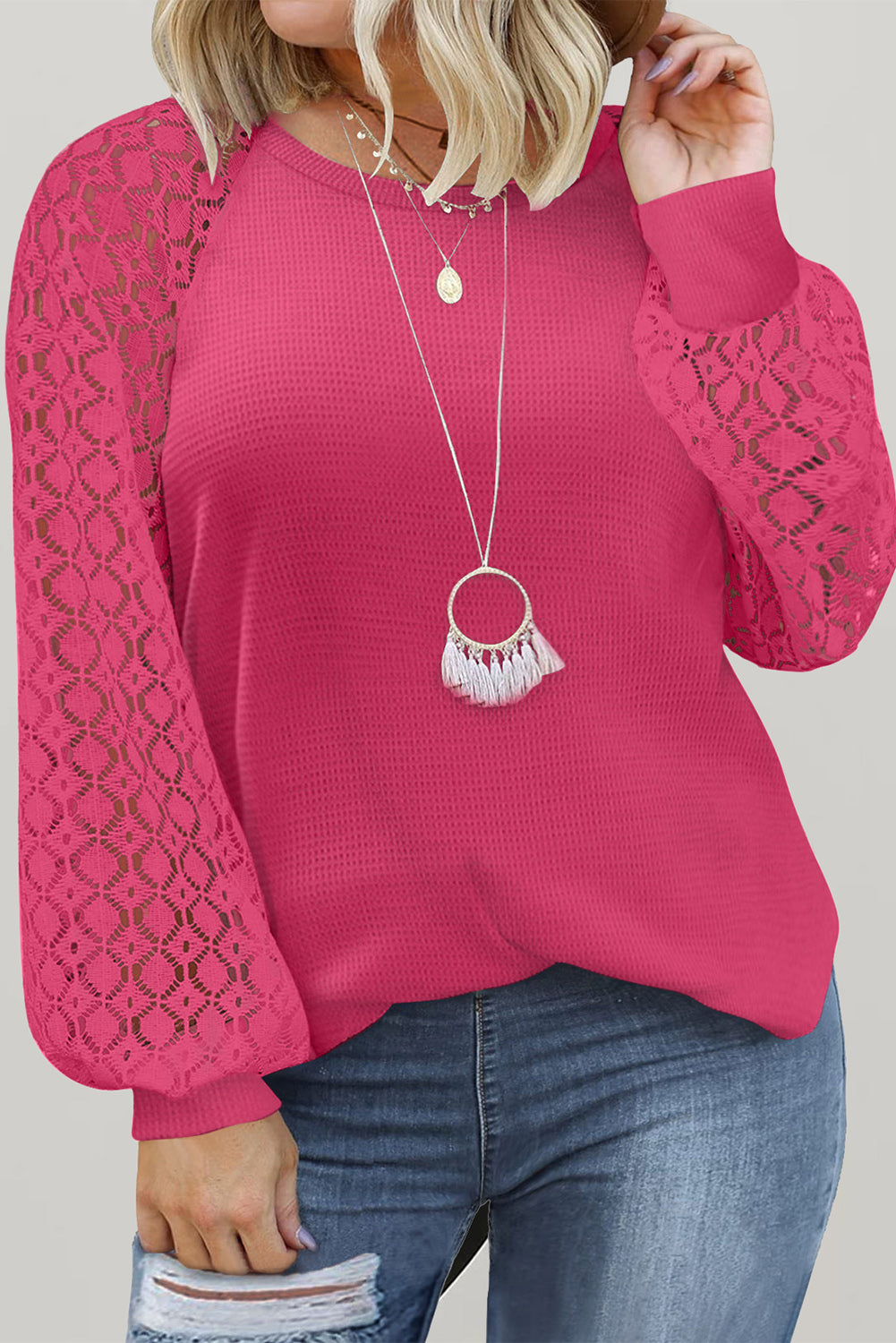 Waffle Lace Long Sleeve Top Plus Size