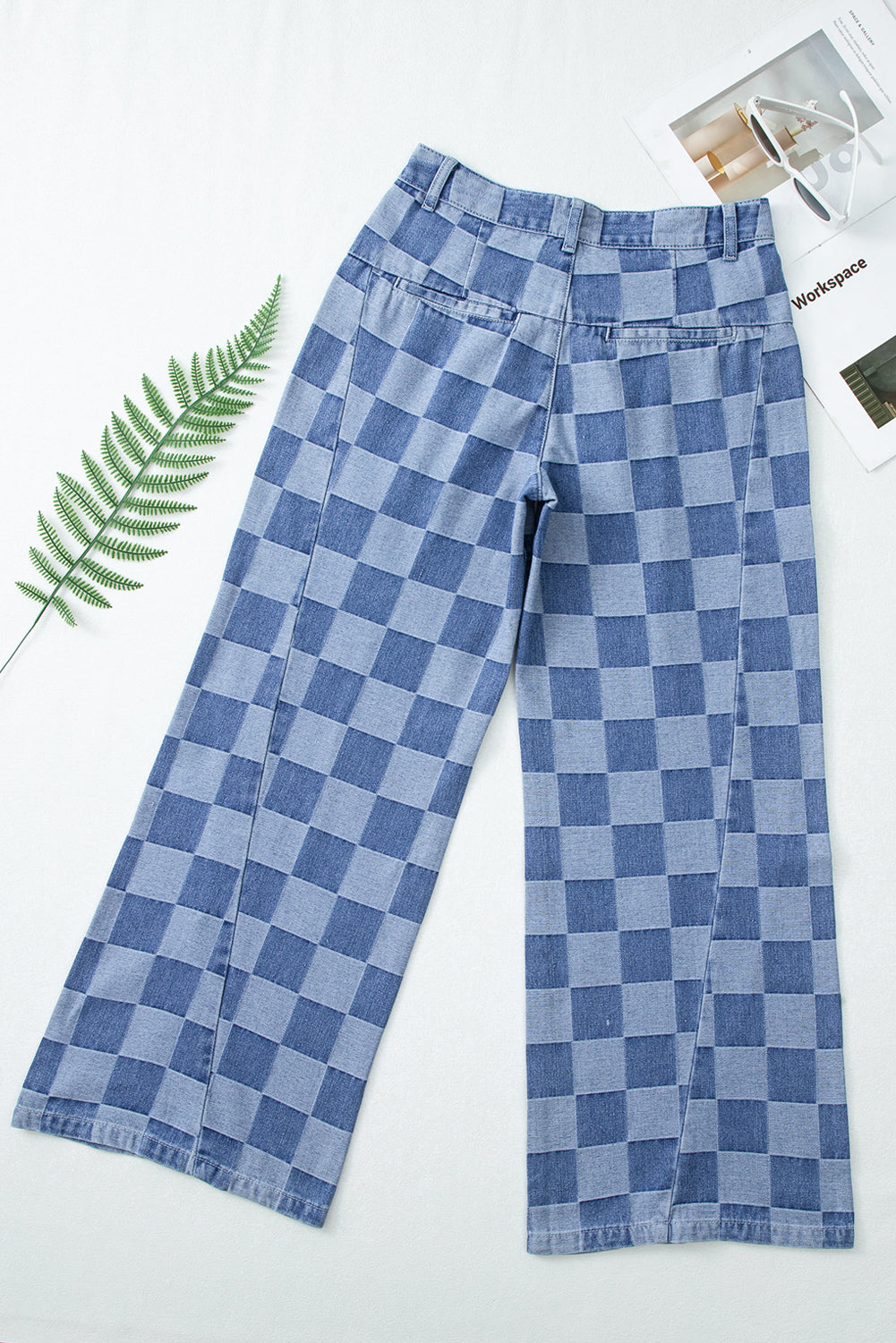 Checker Denim Wide Leg Jeans