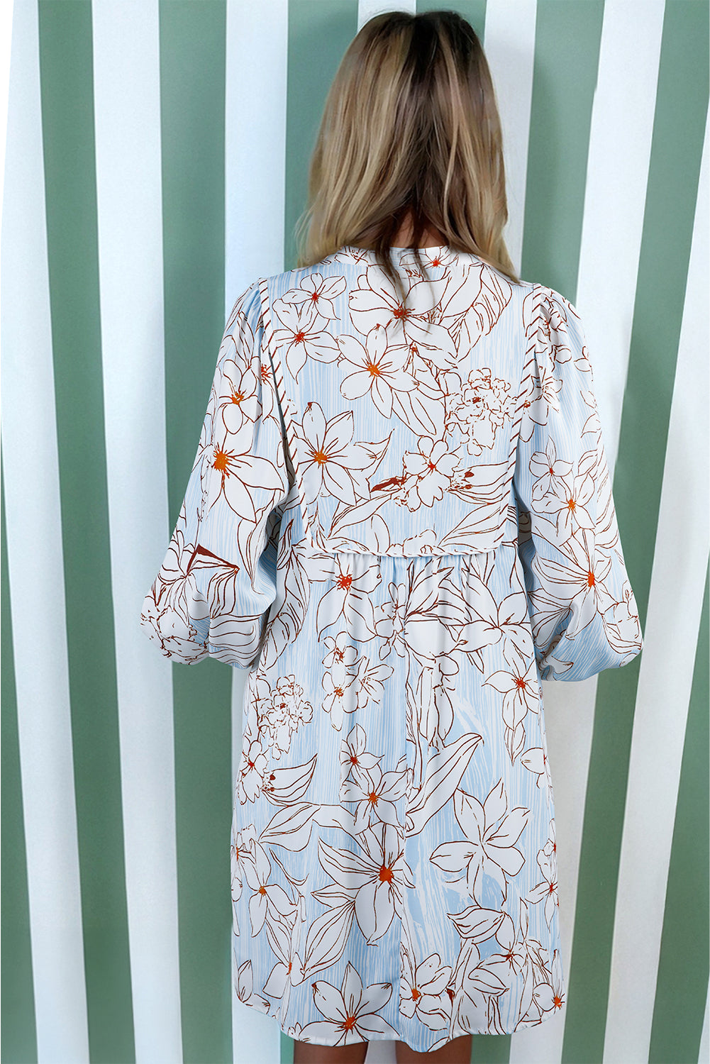 Floral Tie Neck Long Sleeve Mini Dress