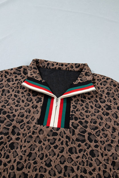 Leopard Stripe Patchwork Half Zip Collared Blouse