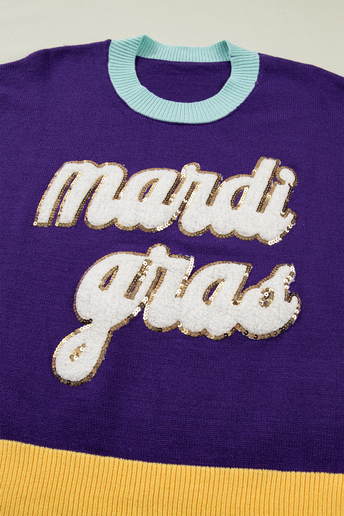 Mardi Gras Colorblock Fuzzy Patchwork Sweater