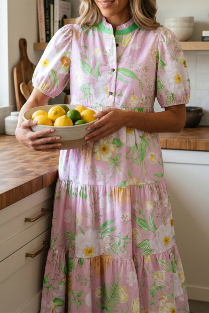 Floral Puff Sleeve Ruffle Tiered Maxi Dress
