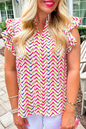 Chevron Ruffle Short Sleeve Blouse