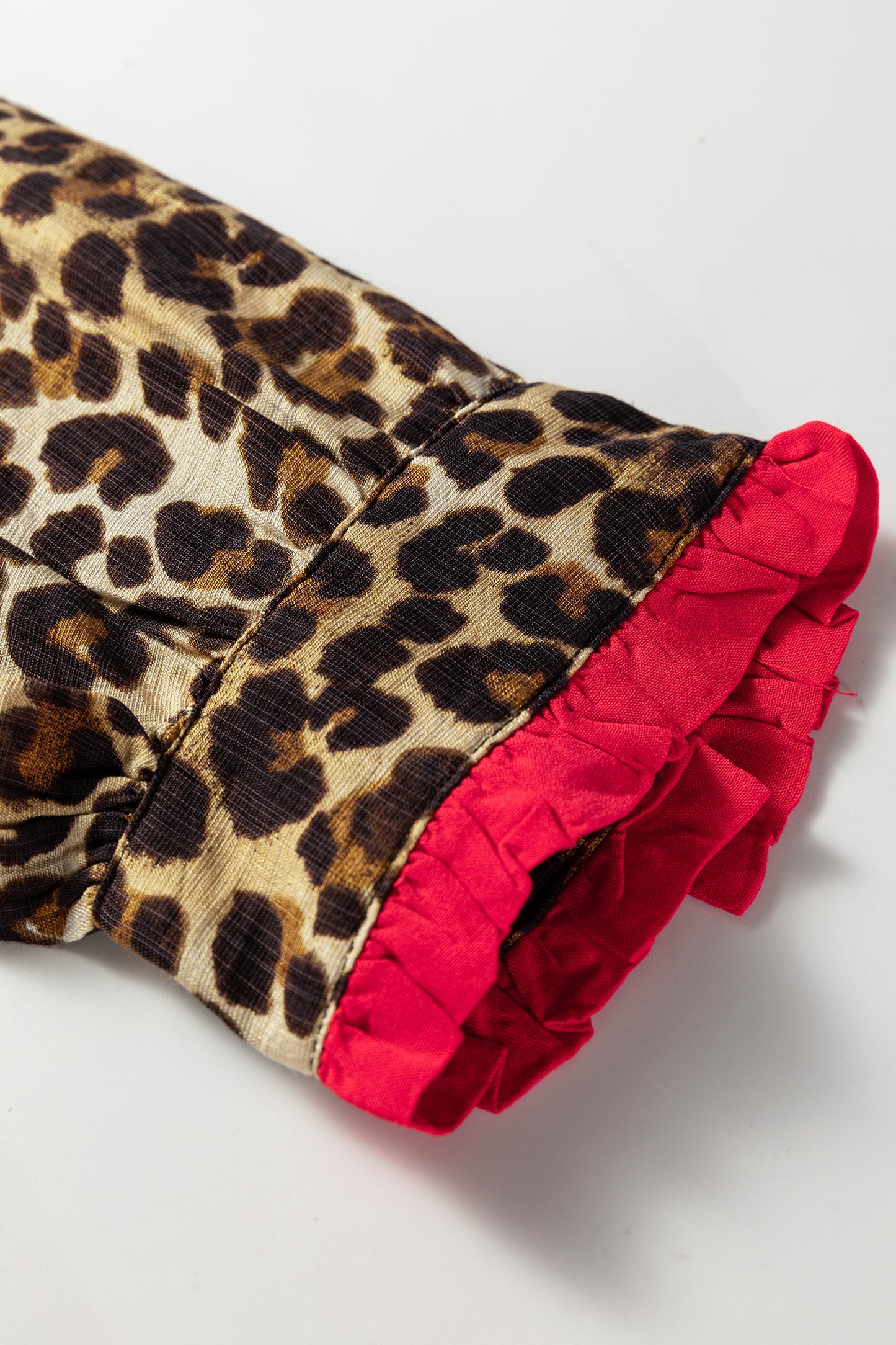 Leopard Contrast Ruffle Trim Buttoned V-Neck Shirt