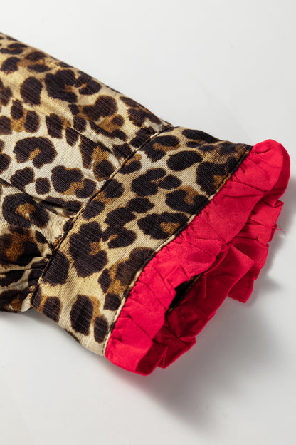 Leopard Contrast Ruffle Trim Buttoned V-Neck Shirt