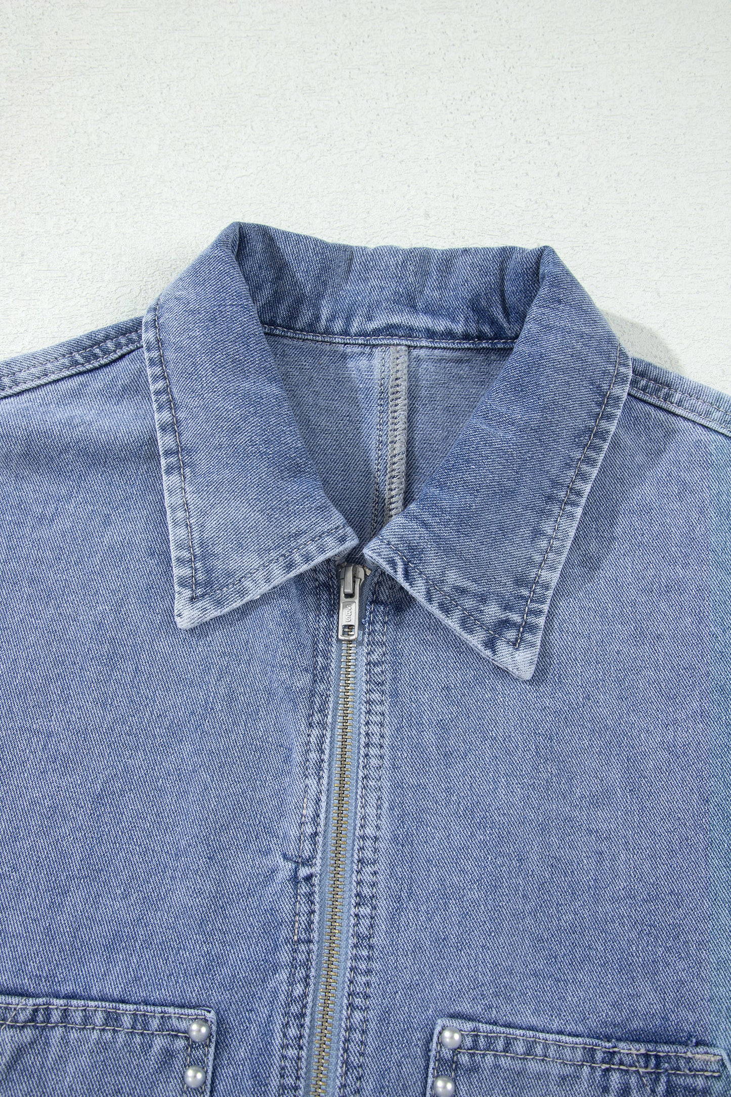 Denim Studded Pockets Zip-Up Long Sleeve Jacket