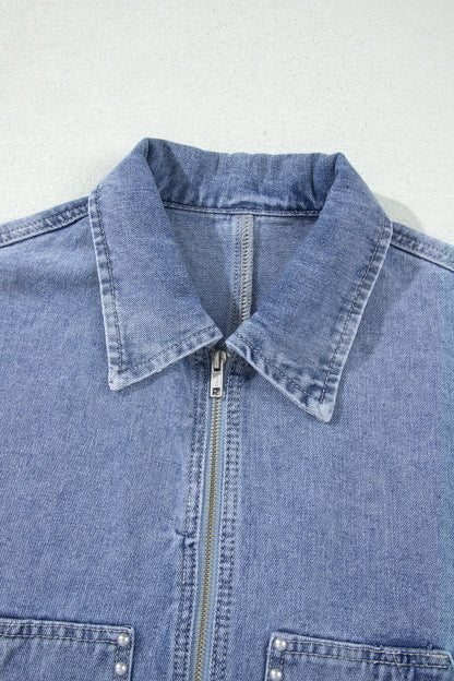 Denim Studded Pockets Zip-Up Long Sleeve Jacket