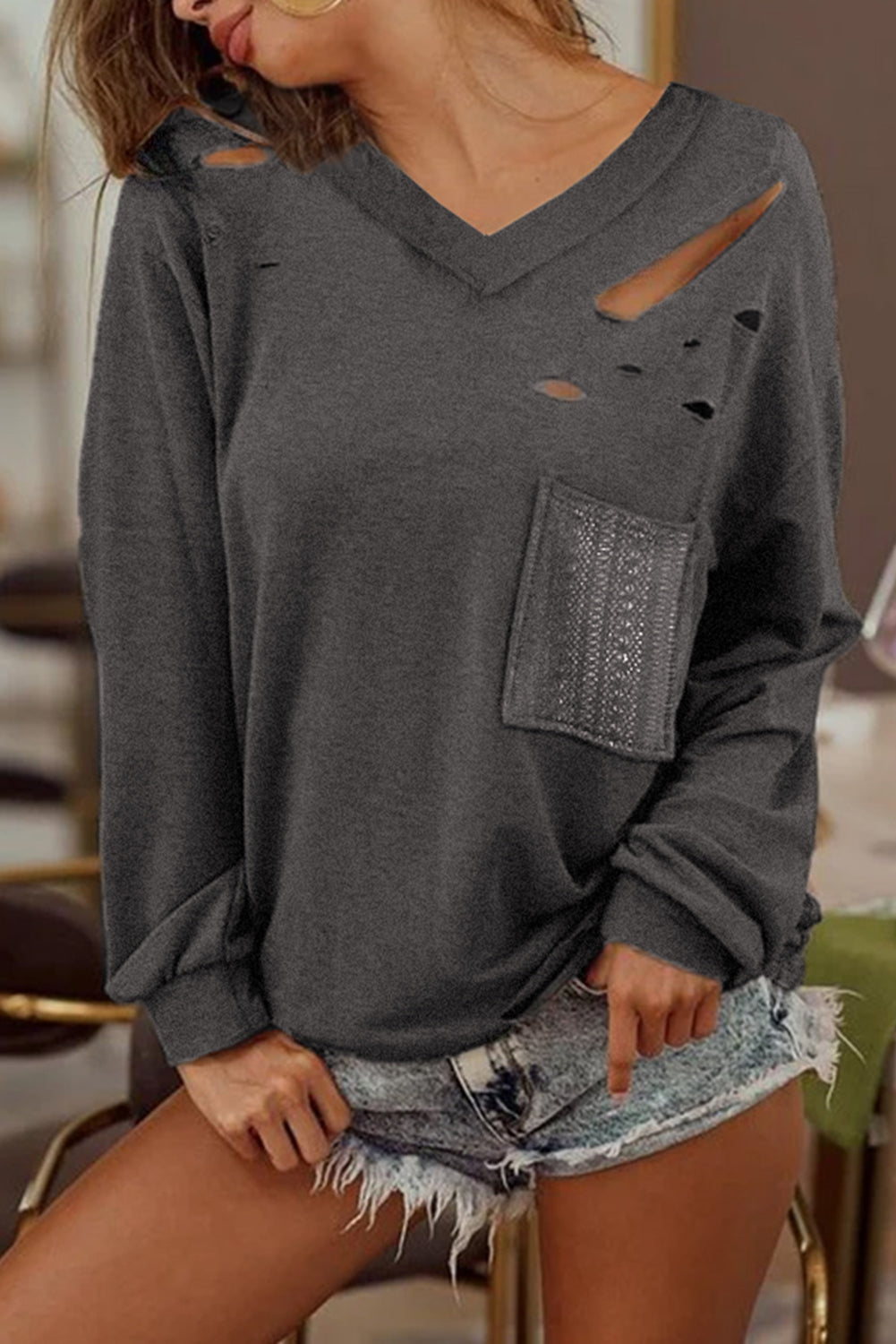 Distressed V-Neck Long Sleeve Top