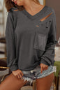 Distressed V-Neck Long Sleeve Top