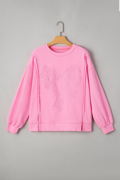 Bow Tie Lace Embroidered Reverse Seam Sweatshirt