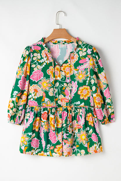 Floral Tied V-Neck 3/4 Sleeve Blouse