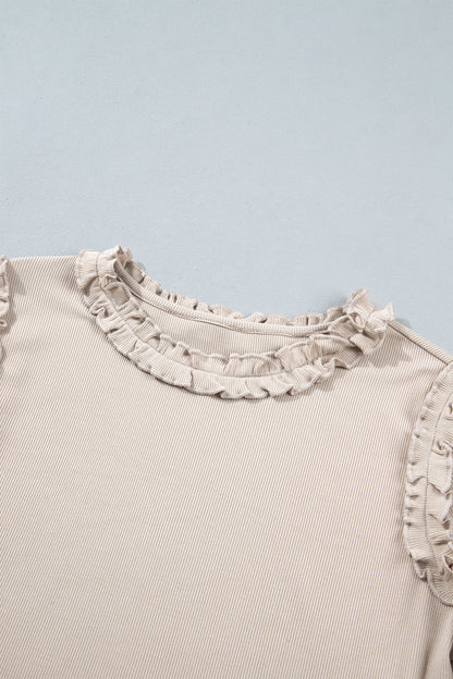 Solid Ribbed Knit Frilled Long Sleeve Top