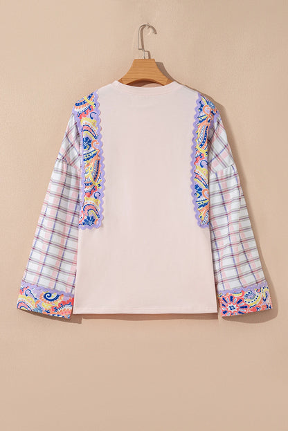 Floral Plaid Patchwork Puff Sleeve Blouse