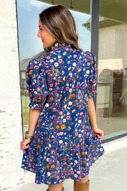 Floral Split Neck Puff Sleeve Mini Dress