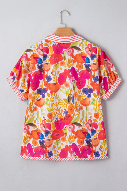 Floral Stripe Trim Collared V-Neck Blouse