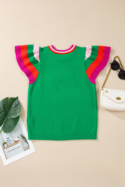 Lucky Stripe Flutter Sleeve Round Neck Sweater