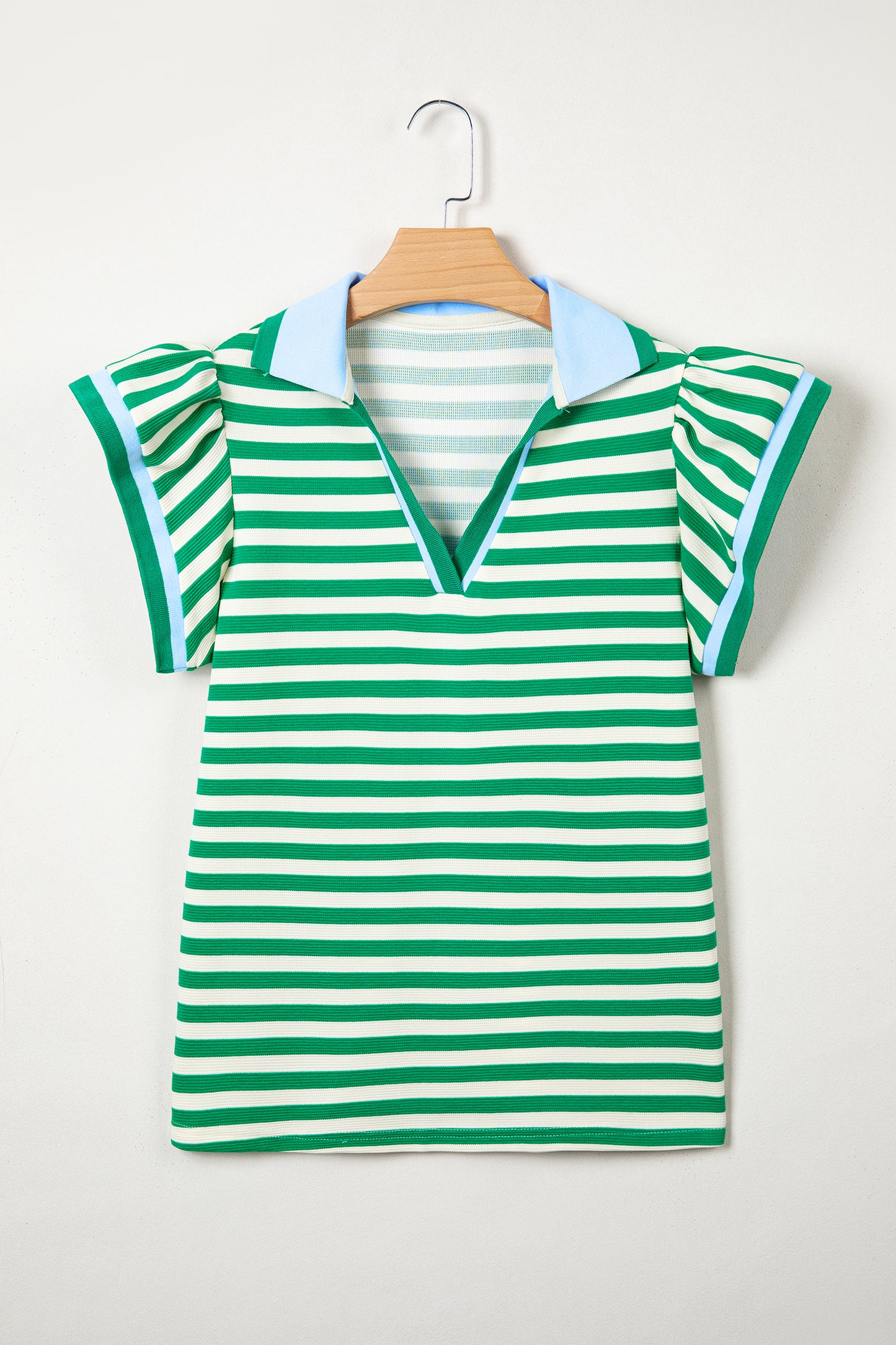 Stripe Contrast Trim Polo Collar Ruffle Sleeve Blouse