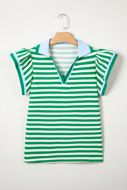 Stripe Contrast Trim Polo Collar Ruffle Sleeve Blouse