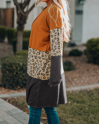 Leopard Colorblock Open Front Cardigan