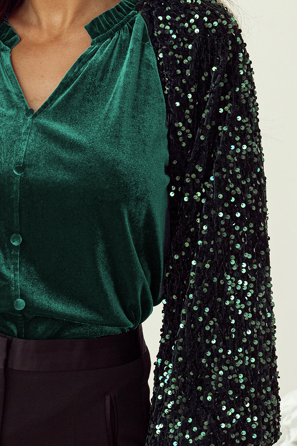 Sequin Velvet Buttoned V-Neck Top