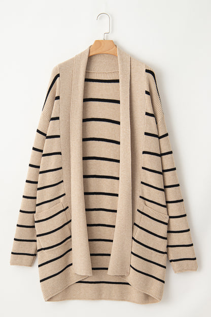 Stripe Shawl Neck Pocketed Open Cardigan