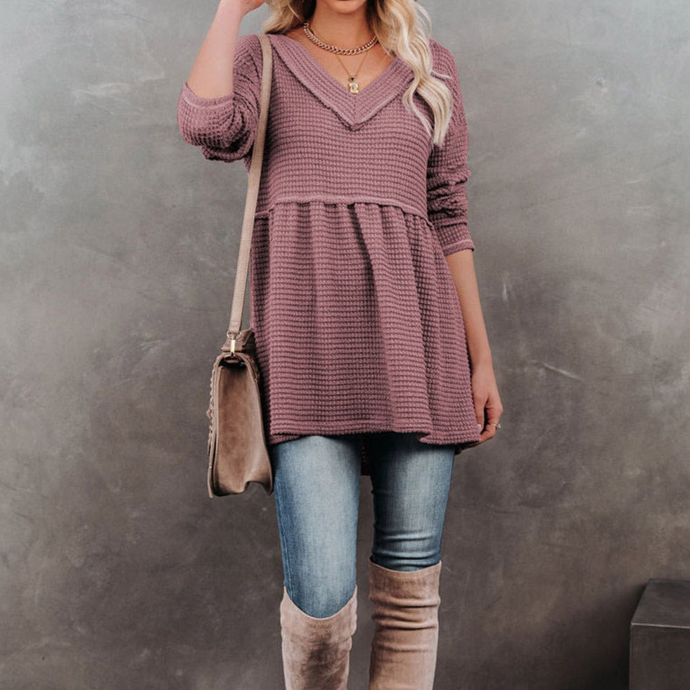 Waffle Long Sleeve Babydoll Top