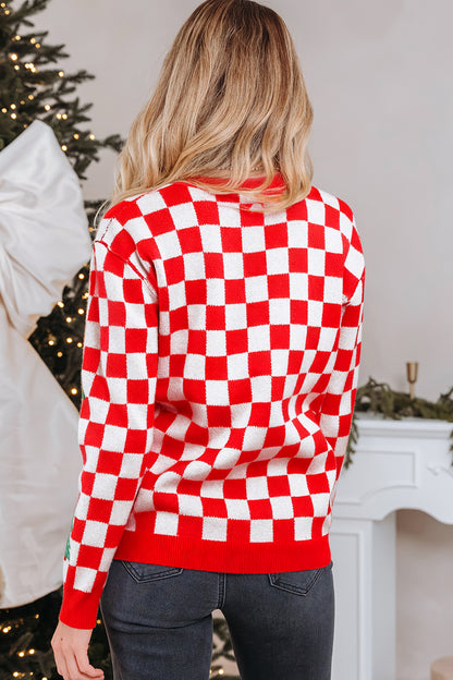 Checker Christmas Tree Buttoned V-Neck Cardigan Sweater