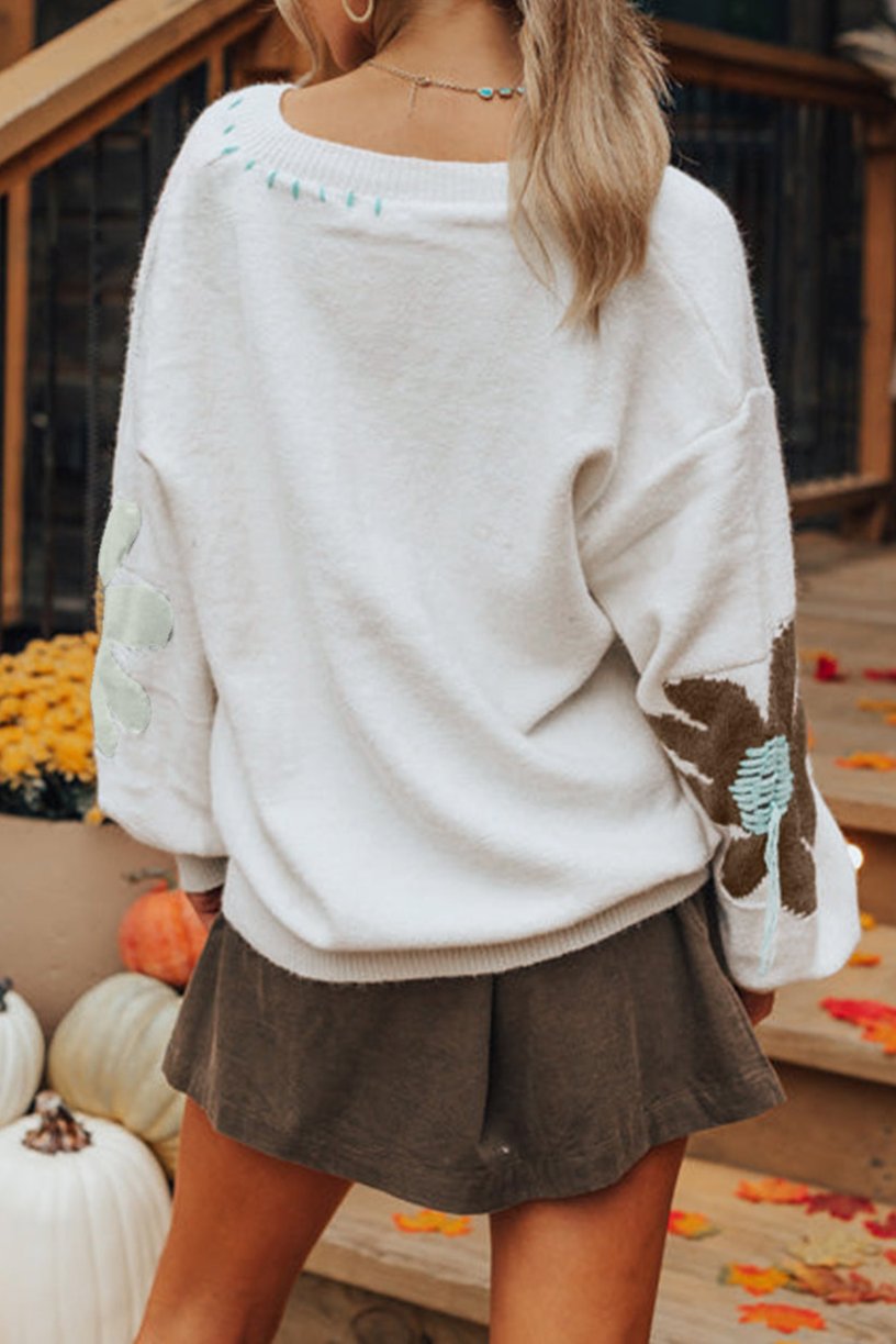 Floral V-Neck Drop Shoulder Sweater