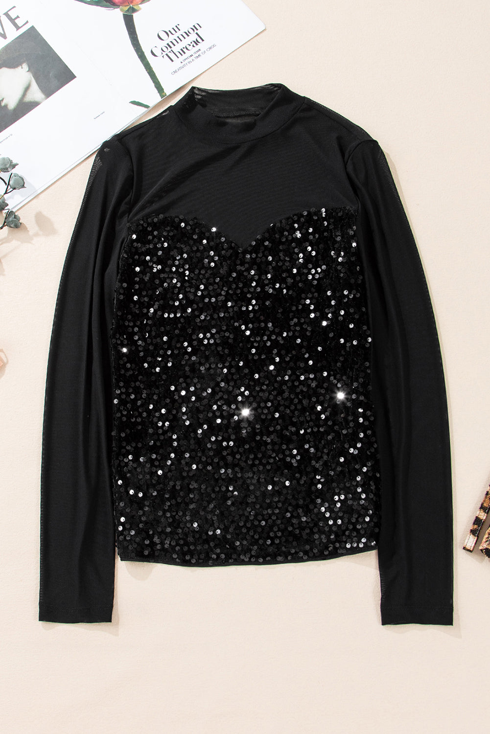 Sequin Velvet Mock Neck Blouse