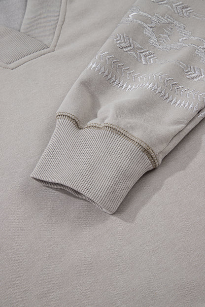 Western Aztec Embroidered Sleeve V-Neck Sweatshirt