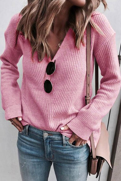 Ribbed Long Sleeve V-Neck Sweater