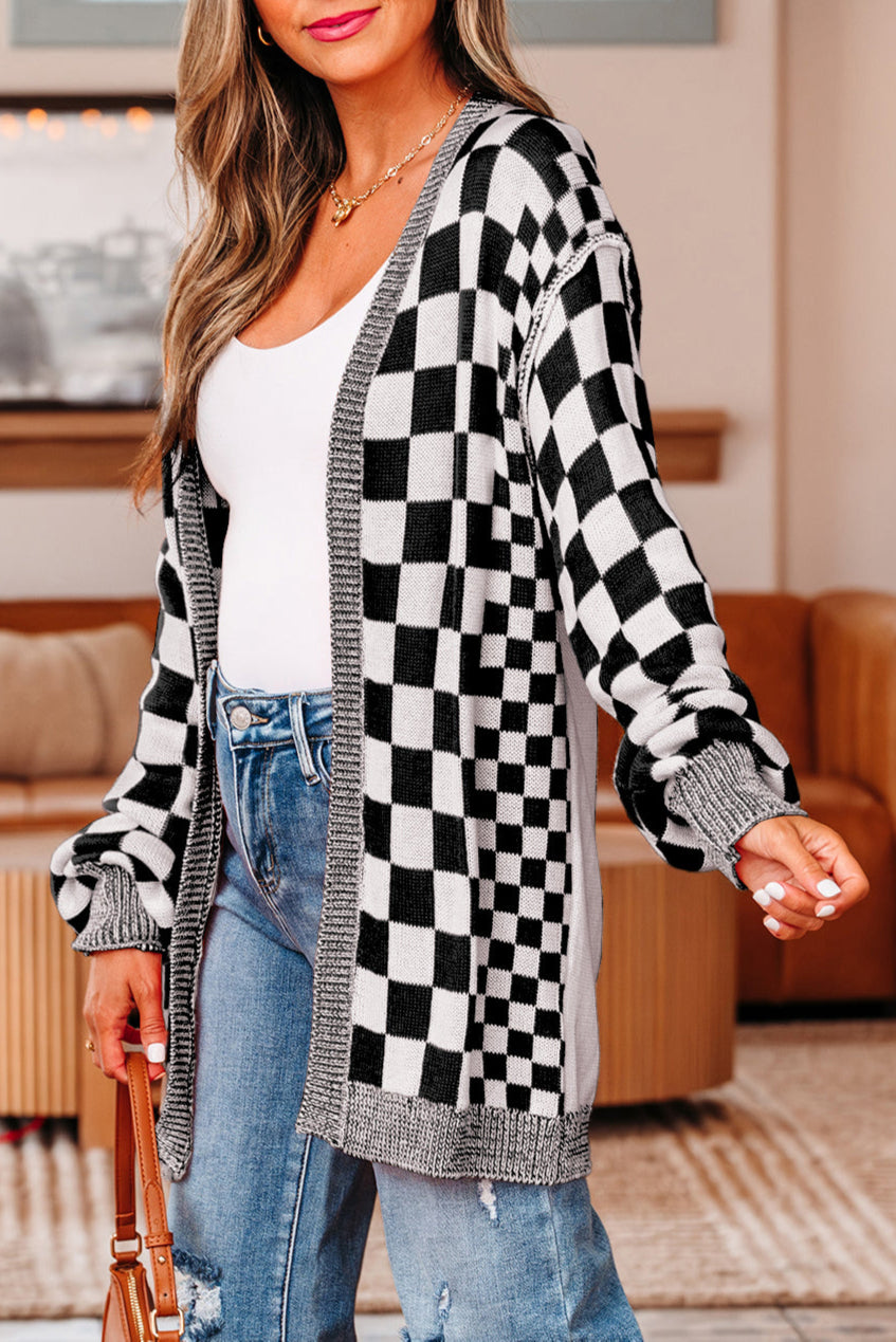 Checker Open Front Drop Shoulder Cardigan